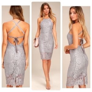 Lulu's Wishful Wanderings Grey Lace Midi Bodycon Dress